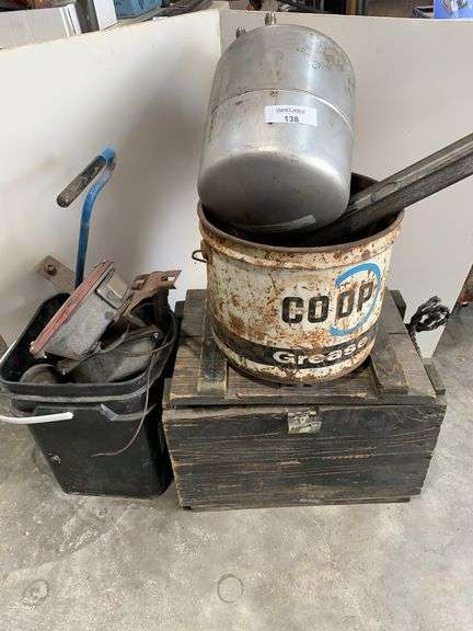 CO-OP Grease Bucket, Eastwood Spotwelder, Toolbox with Contents, Metal Tank, and More image