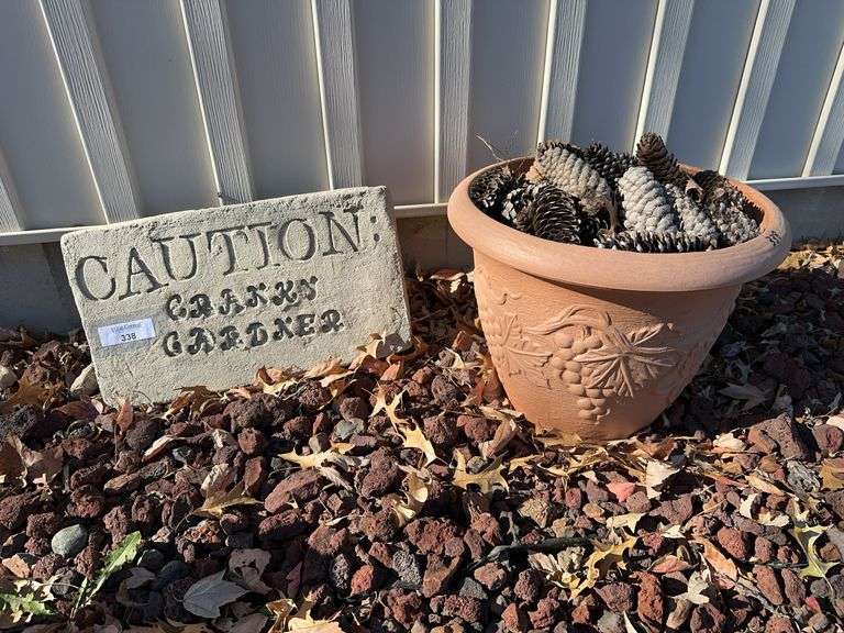 Concrete 'Caution: Cranky Gardner' Sign & Plastic Planter with Pinecones and Flowers image