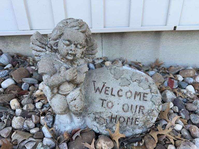 Cement Angel Statue and Welcome Stone image