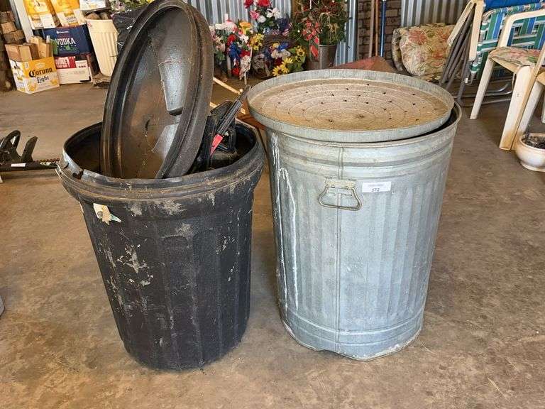 Lot of Two Trash Cans: Galvanized Metal and Plastic image