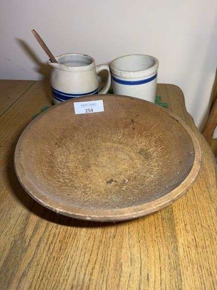 Wooden Bowl with Stoneware Pitcher and Crock image