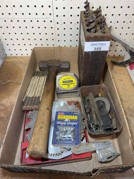 Box Lot of Various Hand Tools Including Hammer, Drill Bits, Saw Blades, and Grease Fittings image
