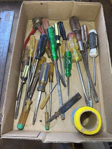 Box Lot of Hand Tools with Screwdrivers and Twine image