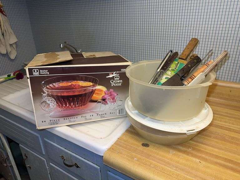 Anchor Hocking Crown Point Punch Bowl Set and Kitchen Tools - Lot 162 image
