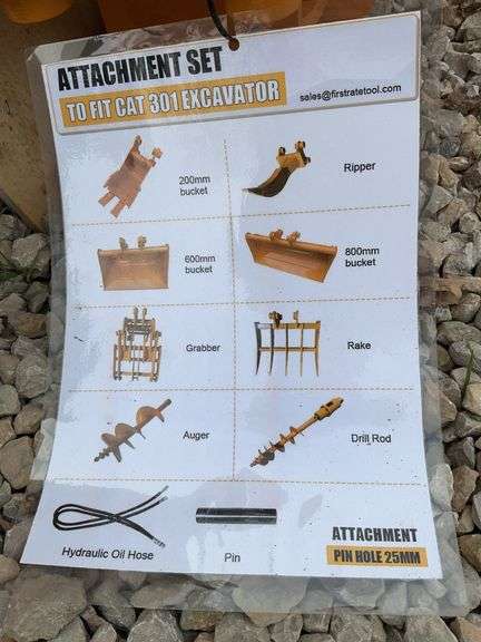 Attachment set for CAT 301 excavator  set includes 3 buckets, ripper, grabber rake, auger, drill rod as well as pins and hydraulic hoses image