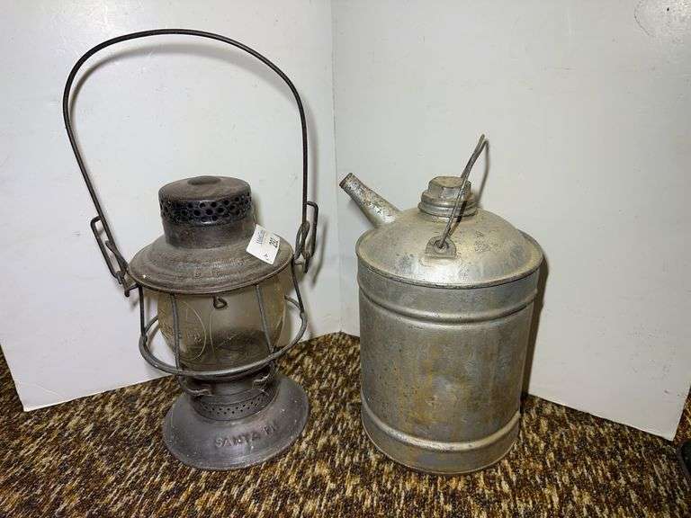 Santa Fe Railroad Lantern and Metal Oil Can image