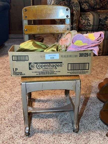 Porcelain Doll with Dress, Quilt, and School Chair image