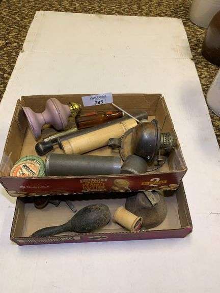 Box Lot of Assorted Collectibles including L.F.R. Milk Co. Milk Caps, Lamp Parts, Bottle image