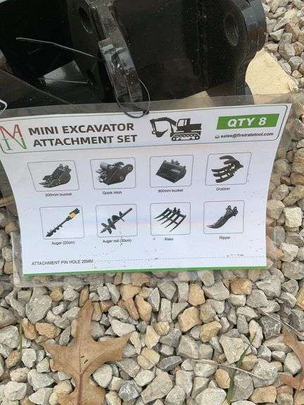 Mini excavator attachment set  This set includes two buckets, one quick hitch, one grabber, two augers, a rake and a ripper. Pin hole size 25MM image