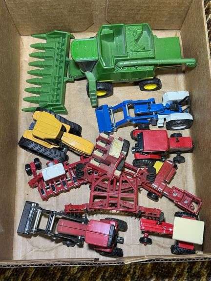 Box Lot of Scale Model Farm Toys: Tractors, Combine, and Implements image