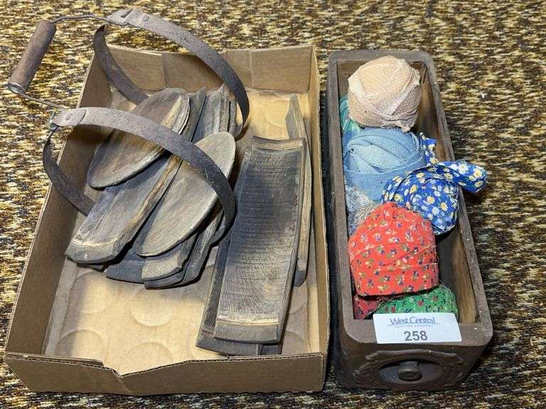 Small Wooden Barrel Parts, Sewing Machine Drawer and Fabric image