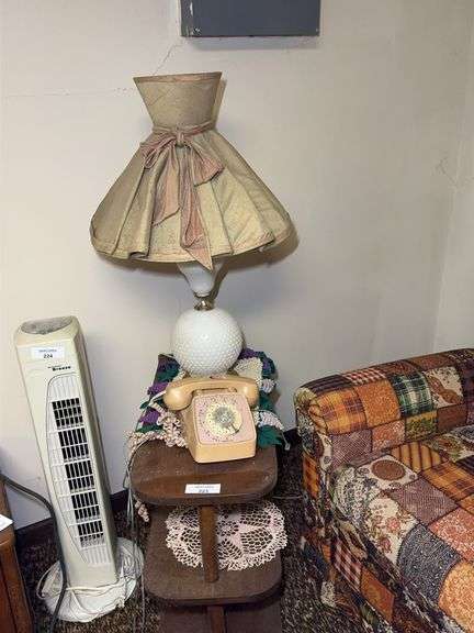 Vintage Rotary Phone, Table Lamp & Side Table Lot image