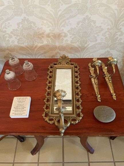 Ornate Mirror with Sconces, Glass Candle Holders and Decorative Rock image