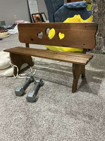 Wooden Bench with Heart Cutouts, Weights, and Decorative Pads image