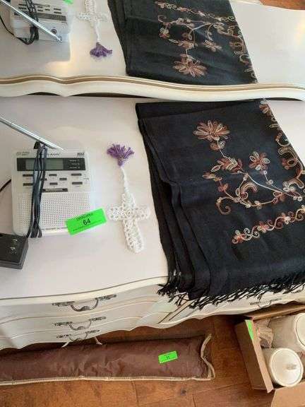 Weather Radio, Embroidered Shawl, and Handmade Crosses image