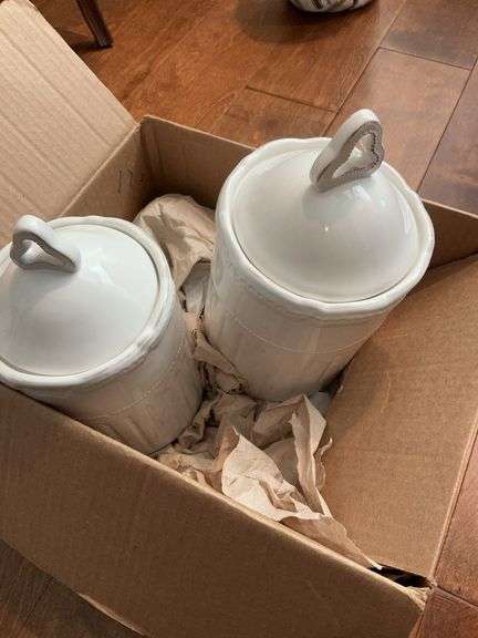 Set of Two White Ceramic Canisters with Lids image