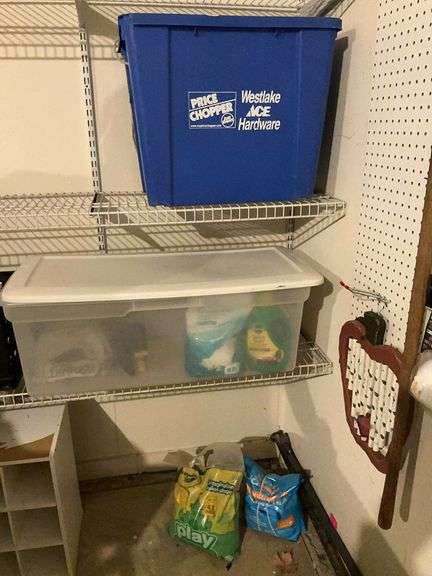 Garage Shelving Contents: Storage Bins, Lawn Care, Cleaning Supplies image