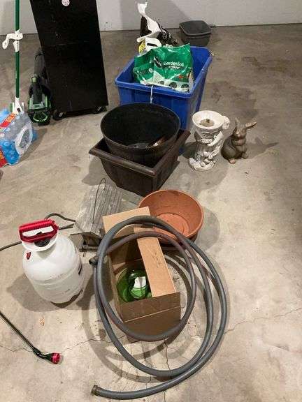 Lawn & Garden Assortment: Ornaments, Sprayer, Pots, Soil, Hose image