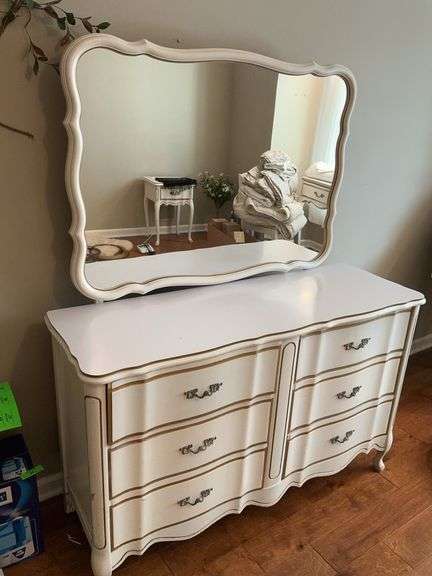 White and Gold Dresser with Removable Mirror image