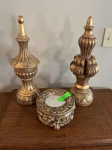 Gilt Finish Decor Accents: Pair of Finials & Mirrored Jewelry Box image
