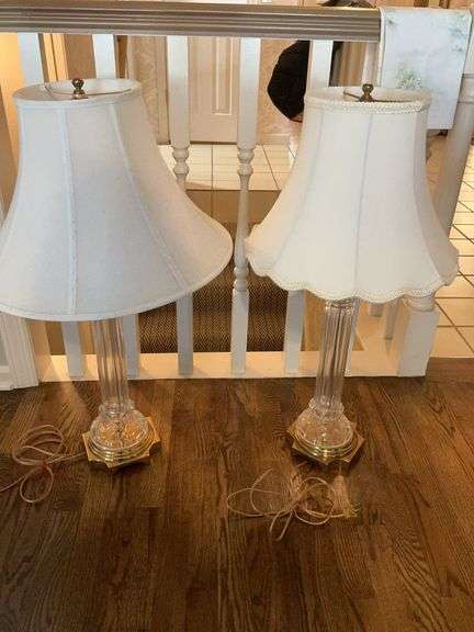 Pair of Glass Column Table Lamps with Shades image