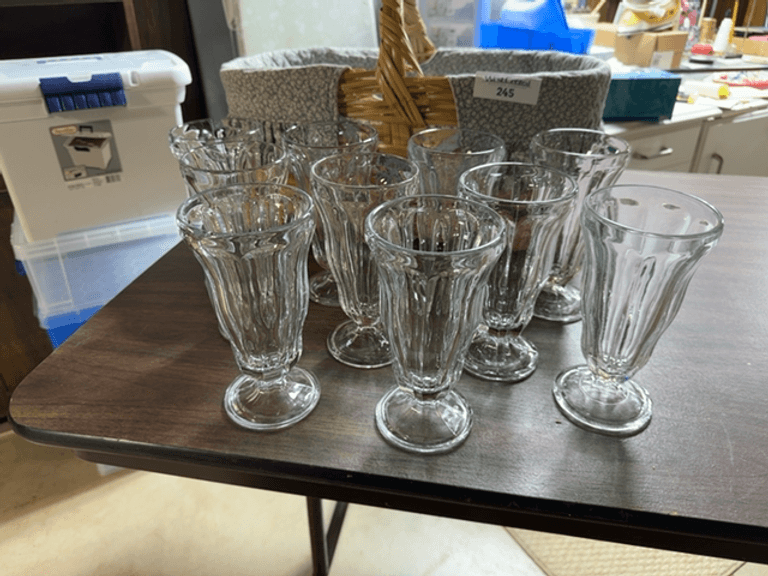 Collection of Glass Sundae Cups with Storage Basket