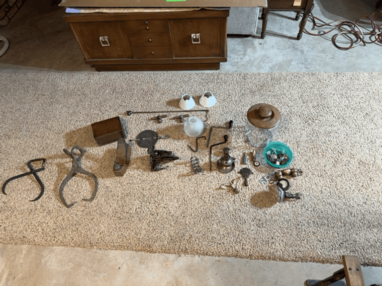 Mixed Lot of Collectibles: Logging Tongs, Recipe Box, Tools, and More