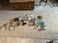 Mixed Lot of Collectibles: Logging Tongs, Recipe Box, Tools, and More