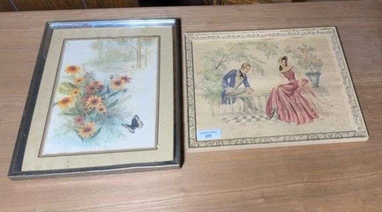 Pair of Framed Prints - Floral and Courting Couple