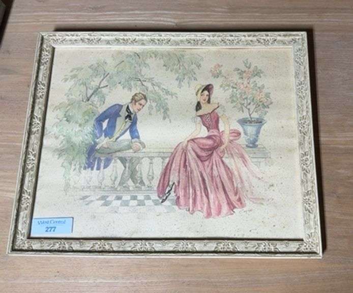Pair of Framed Prints - Floral and Courting Couple
