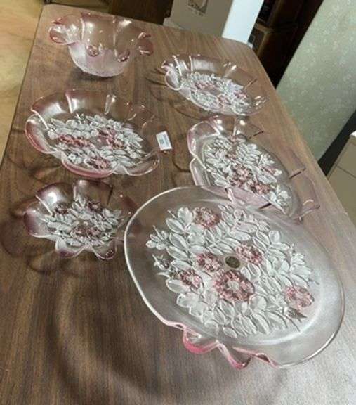 Set of 6 Pink Floral Glass Serving Dishes