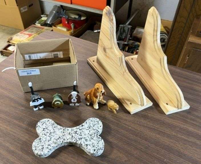 Assorted Home Decor: Dog Figurines, Stone Dog Bone, Wood Corbels