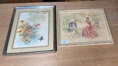Pair of Framed Prints - Floral and Courting Couple