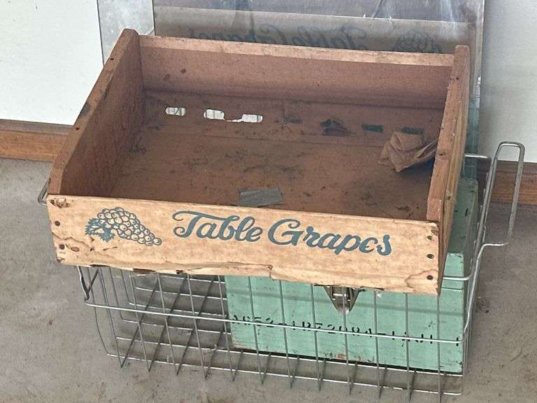 Frameless Standing Mirror with Grapes Box, Metal Basket, and Contents of a Green Box