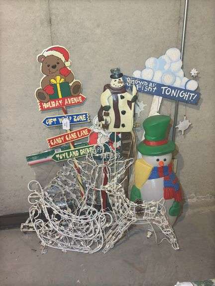 Christmas Holiday Decorations Lot - Blow Mold Snowman, Lighted Sleigh, Signs image
