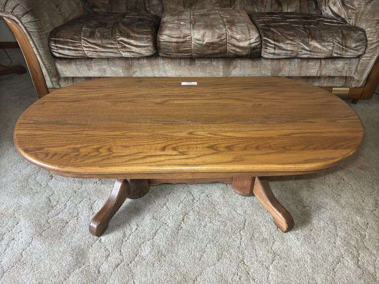 Oval Wooden Coffee Table with Pedestal Base