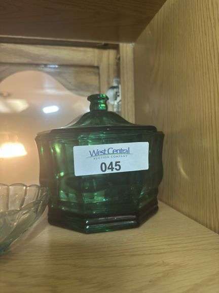 Assorted Glassware: Green Lidded Jar, Green Footed Bowl, and Small Glass Bowl