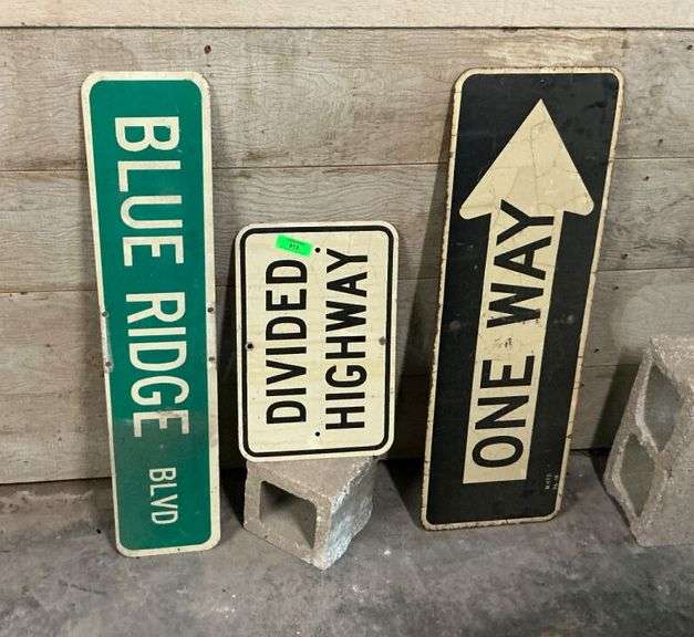 Three Assorted Street Signs: Blue Ridge Blvd, Divided Highway, One Way image