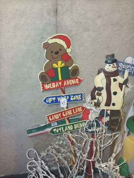 Christmas Holiday Decorations Lot - Blow Mold Snowman, Lighted Sleigh, Signs