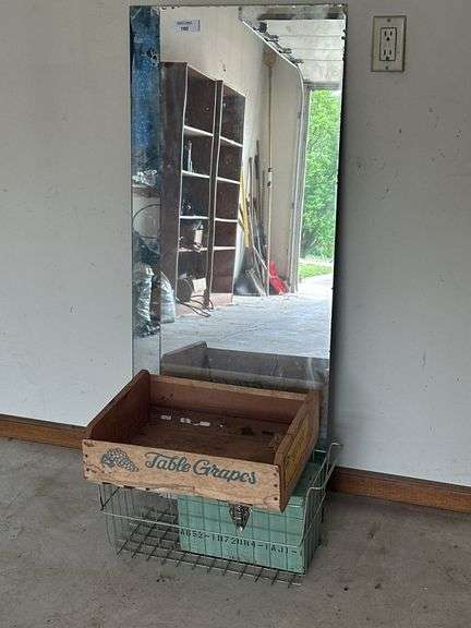Frameless Standing Mirror with Grapes Box, Metal Basket, and Contents of a Green Box image