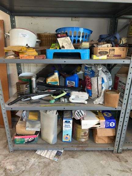 Shelf Lot with Fishing Lures, Automotive Supplies, and Household Items image