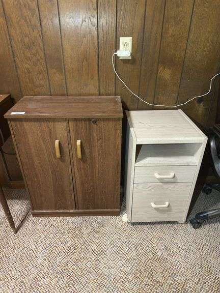 Pair of Cabinets: Wood-Grain Cabinet and Rolling Drawer Unit image