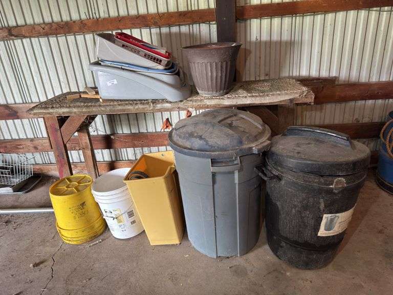 Mixed Lot of Buckets, Totes, Trash Cans, and Flower Pots image