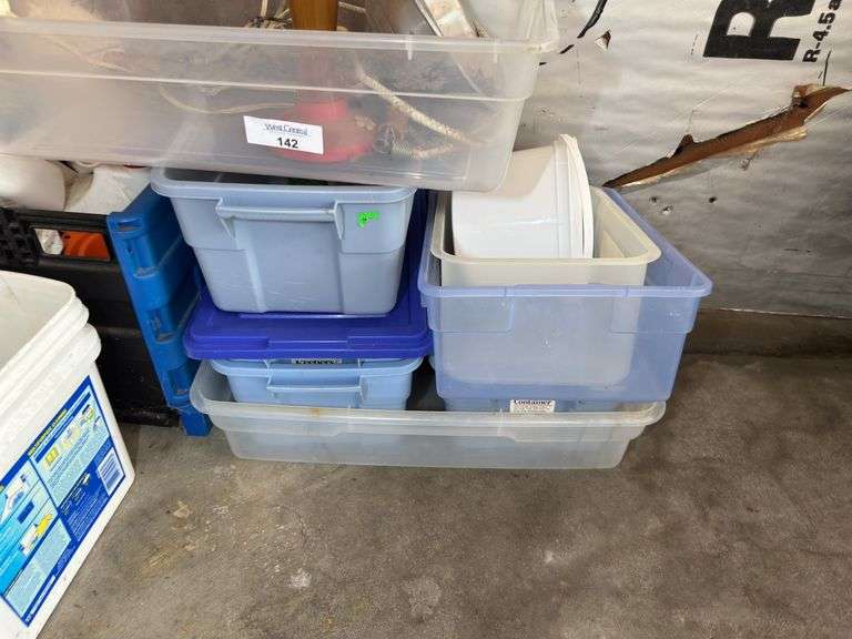 Household Lot with Totes, Bucket, and more