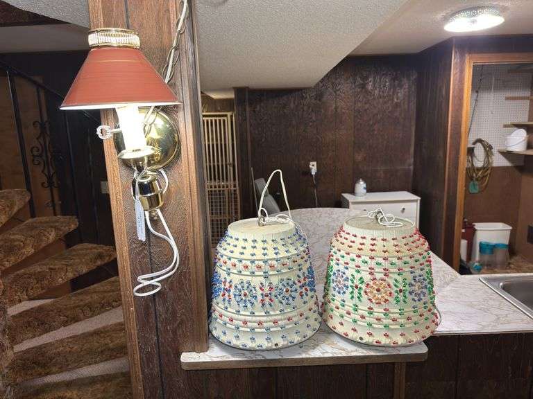 Pair of Beaded Hanging Lamps and Wall Sconce Lighting Fixture Lot image
