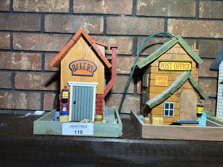 Set of Four Handcrafted Wooden Birdfeeder Miniature Buildings