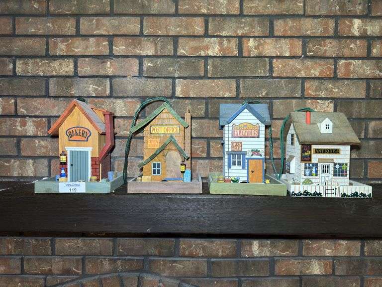 Set of Four Handcrafted Wooden Birdfeeder Miniature Buildings image