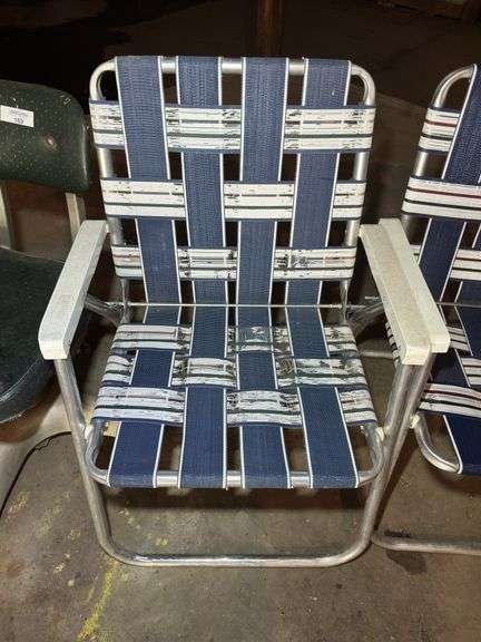 Lot of Two Aluminum Frame Webbed Lawn Chairs and Swivel Shop Stool