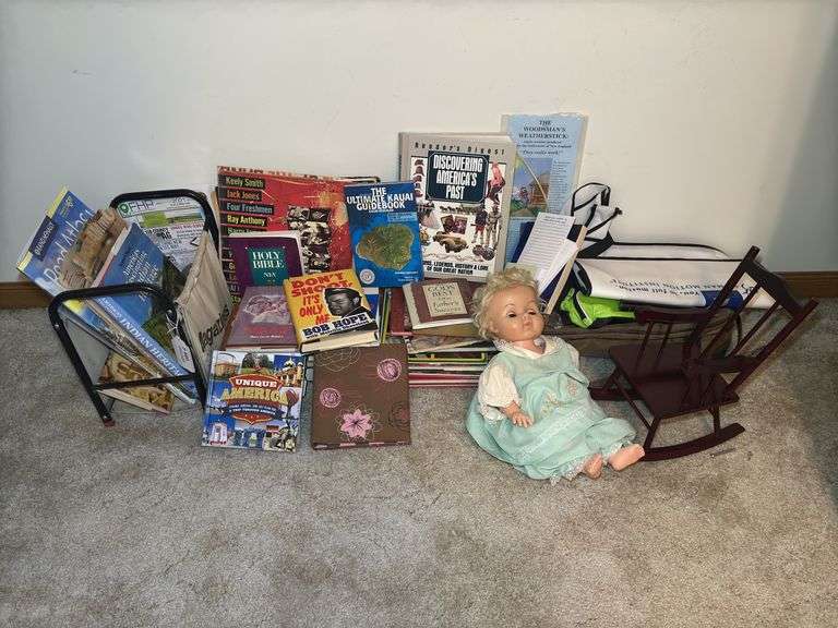 Books, Doll, and Miniature Rocking Chair image