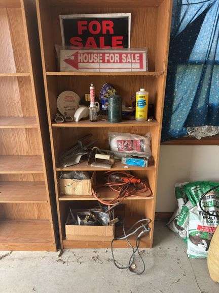 Shelf Lot with 'House for Sale' Sign, Tools, and Supplies image